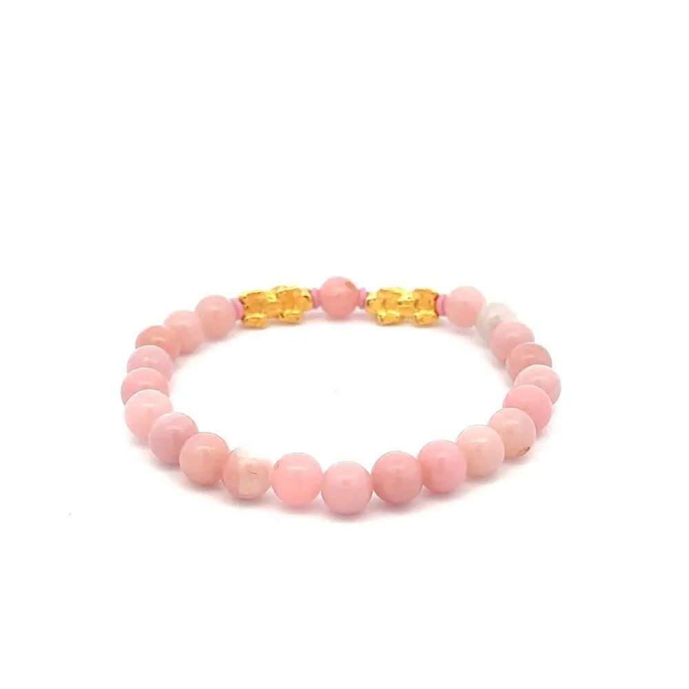 18K Gold Dragon Pixiu Double Piyao Lucky Charm Bracelet Gemstones Pink Opal 6mm - Picture 4 of 7